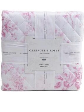 Cabbages & Roses King Quilt Set Pink White Floral Quilted 3 Piece